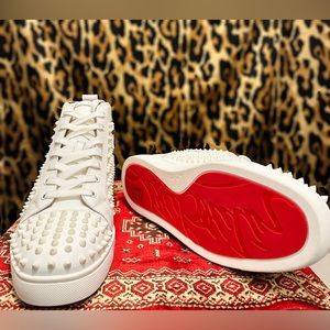 Christian Louboutin White Leather Spiked Sneakers, Size 12.5 M, Brand New.